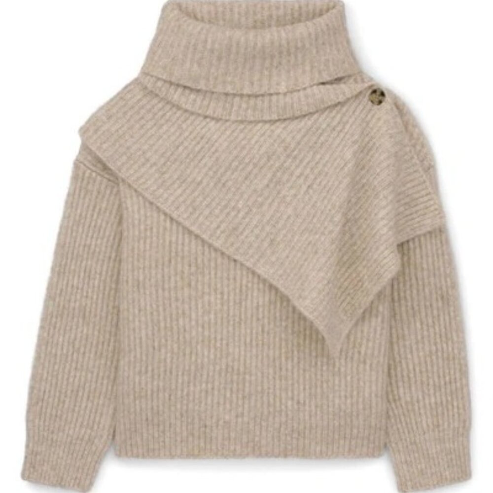Thakoon Turtleneck Tan Oatmeal Ribbed Turtleneck‎ Attached Scarf Chunky XL